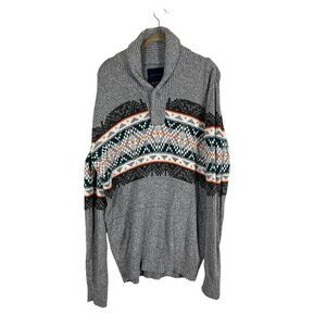 American Eagle Sweater Men M Gray Grandpa Cardigan Chevon Fair Isle Retro 80s